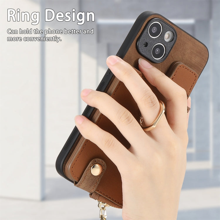 For iPhone 15 Pro Cross Leather Ring Vertical Zipper Wallet Back Phone Case(Brown) - HoMEdemic™ 
