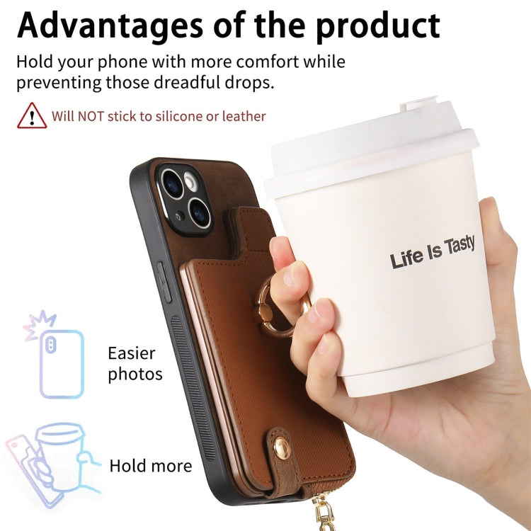 For iPhone 15 Pro Cross Leather Ring Vertical Zipper Wallet Back Phone Case(Brown) - HoMEdemic™ 