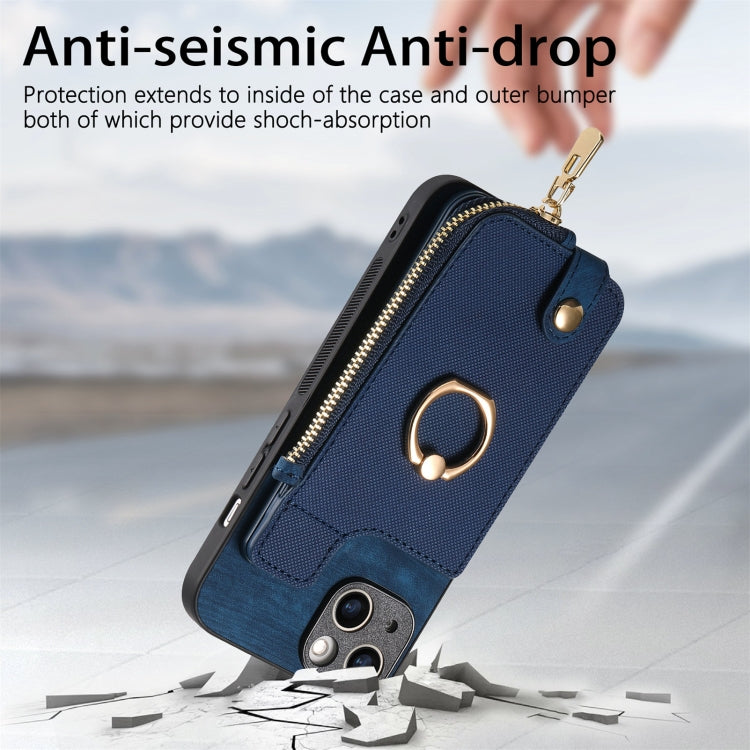 For iPhone 15 Pro Cross Leather Ring Vertical Zipper Wallet Back Phone Case(Blue) - HoMEdemic™ 