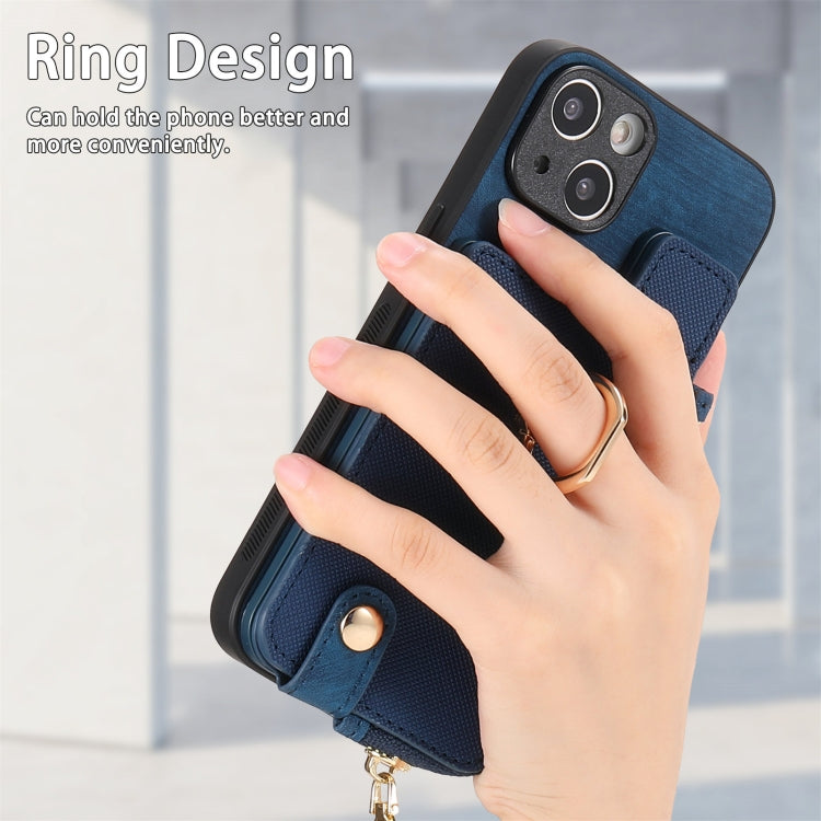 For iPhone 15 Pro Cross Leather Ring Vertical Zipper Wallet Back Phone Case(Blue) - HoMEdemic™ 