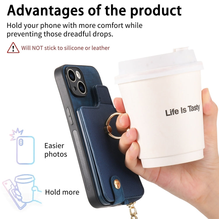 For iPhone 15 Pro Cross Leather Ring Vertical Zipper Wallet Back Phone Case(Blue) - HoMEdemic™ 