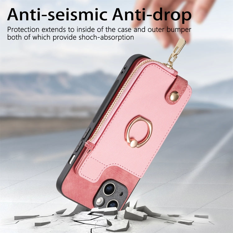 For iPhone 15 Pro Cross Leather Ring Vertical Zipper Wallet Back Phone Case(Pink) - HoMEdemic™ 