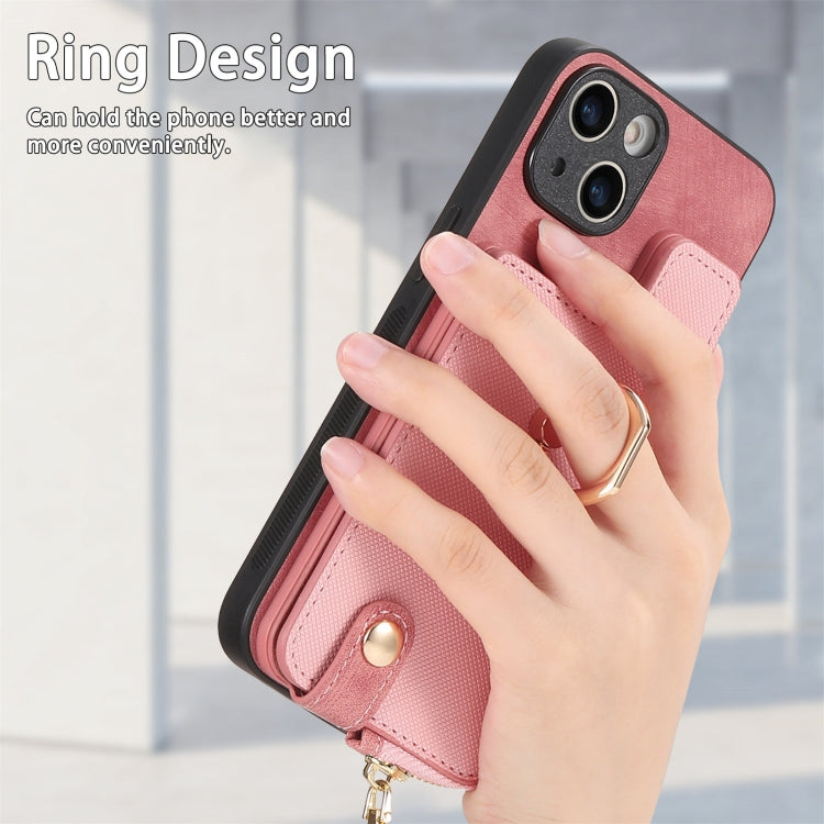 For iPhone 15 Pro Cross Leather Ring Vertical Zipper Wallet Back Phone Case(Pink) - HoMEdemic™ 