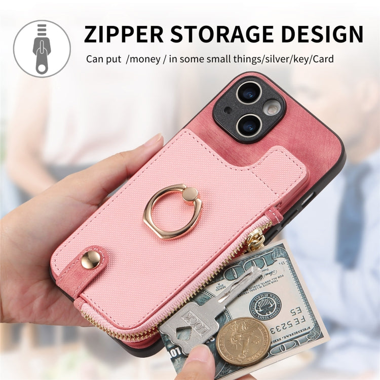 For iPhone 15 Pro Cross Leather Ring Vertical Zipper Wallet Back Phone Case(Pink) - HoMEdemic™ 