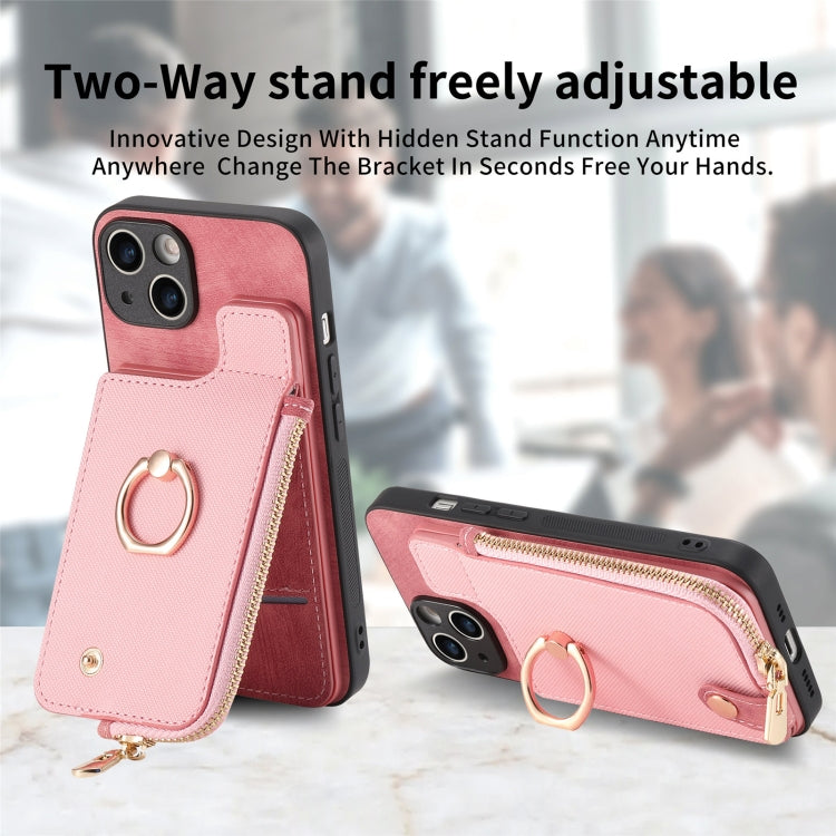 For iPhone 15 Pro Cross Leather Ring Vertical Zipper Wallet Back Phone Case(Pink) - HoMEdemic™ 