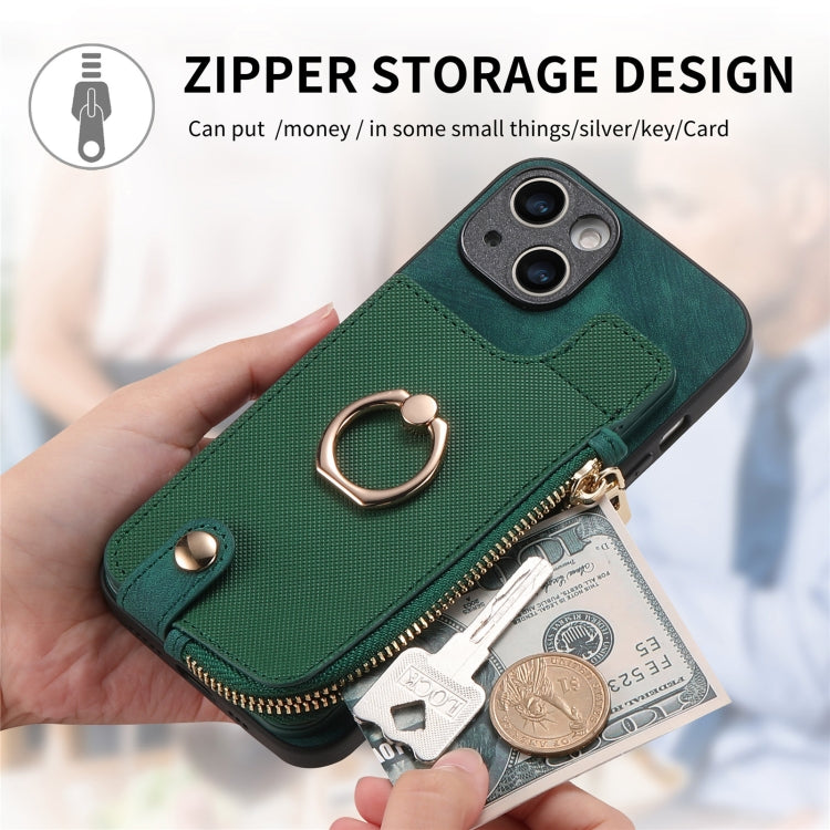 For iPhone 15 Pro Cross Leather Ring Vertical Zipper Wallet Back Phone Case(Green) - HoMEdemic™ 