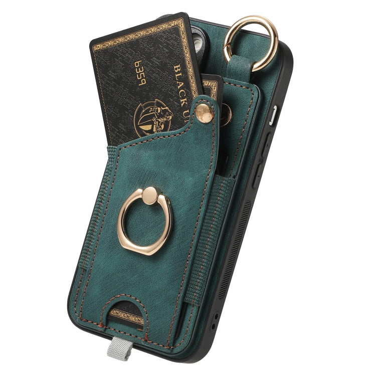 For iPhone 15 Pro Retro Skin-feel Ring Card Bag Phone Case with Hang Loop(Green) - HoMEdemic™ 