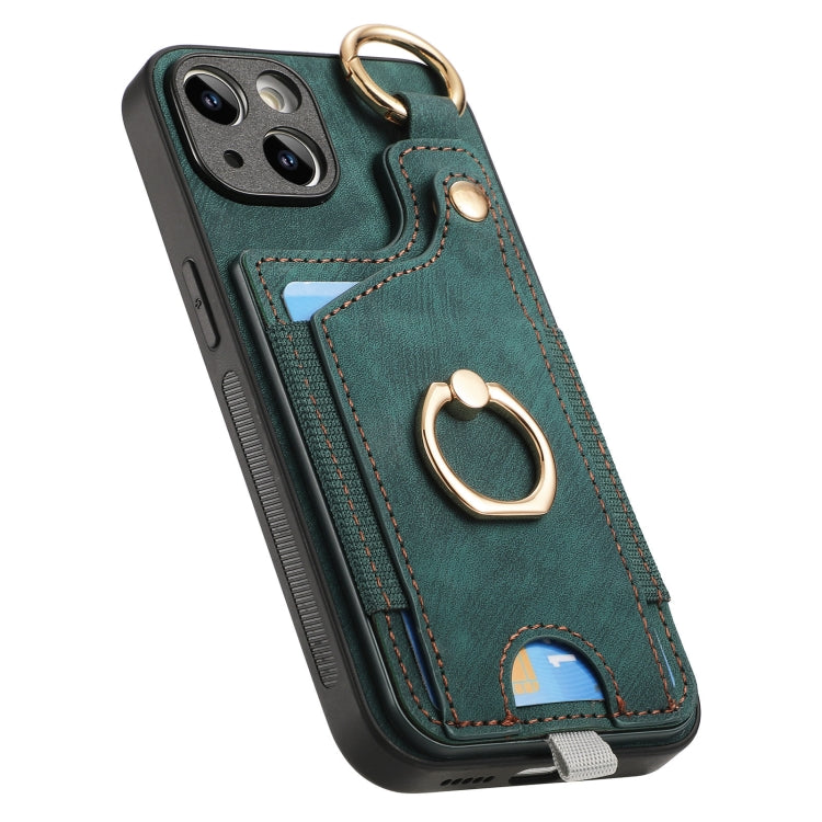 For iPhone 15 Pro Retro Skin-feel Ring Card Bag Phone Case with Hang Loop(Green) - HoMEdemic™ 