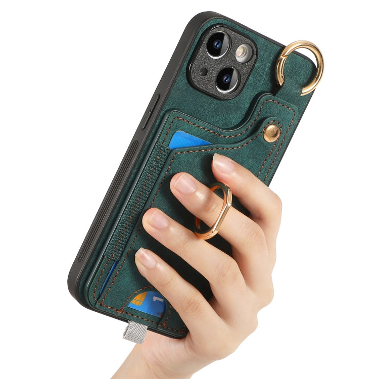 For iPhone 15 Pro Retro Skin-feel Ring Card Bag Phone Case with Hang Loop(Green) - HoMEdemic™ 