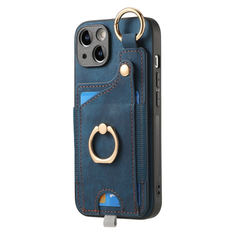 For iPhone 15 Pro Max Retro Skin-feel Ring Card Bag Phone Case with Hang Loop(Blue) - HoMEdemic™ 