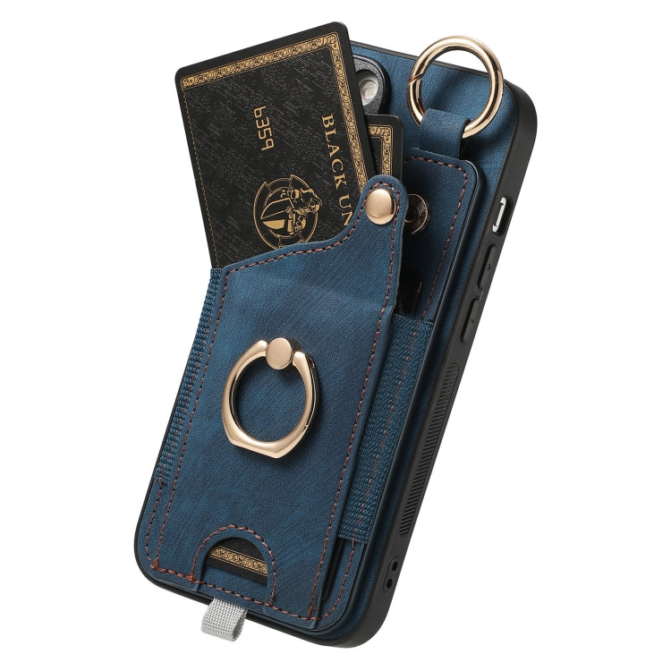 For iPhone 15 Pro Max Retro Skin-feel Ring Card Bag Phone Case with Hang Loop(Blue) - HoMEdemic™ 