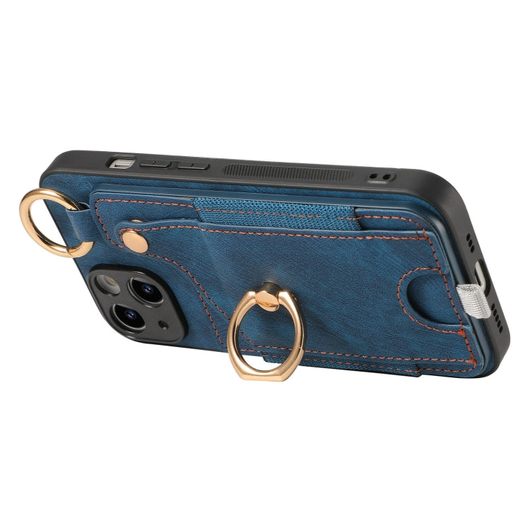 For iPhone 15 Pro Max Retro Skin-feel Ring Card Bag Phone Case with Hang Loop(Blue) - HoMEdemic™ 