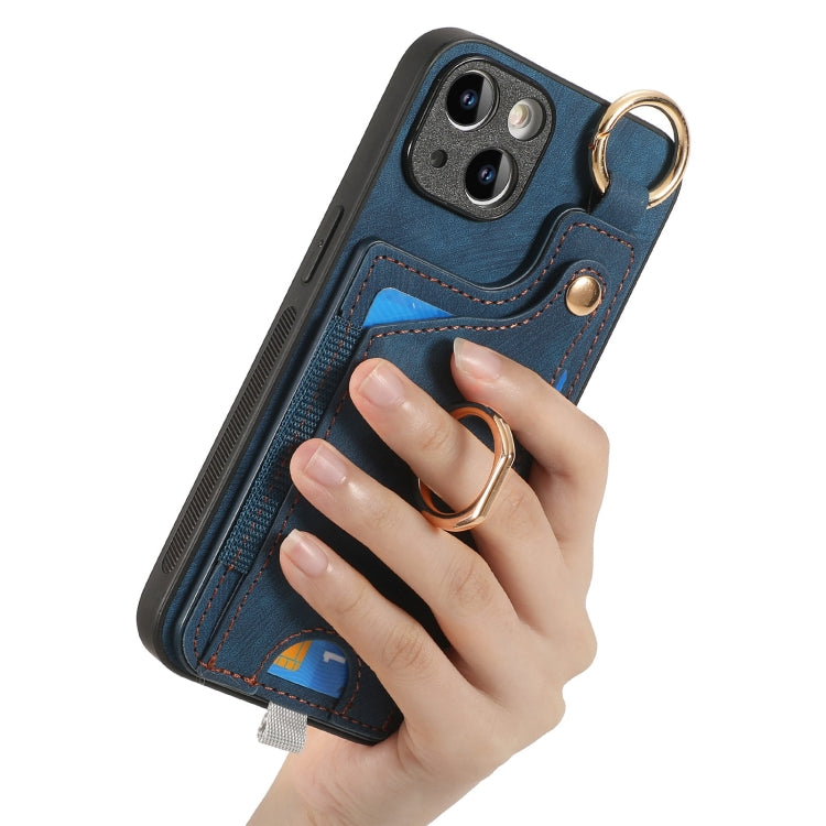 For iPhone 15 Pro Max Retro Skin-feel Ring Card Bag Phone Case with Hang Loop(Blue) - HoMEdemic™ 