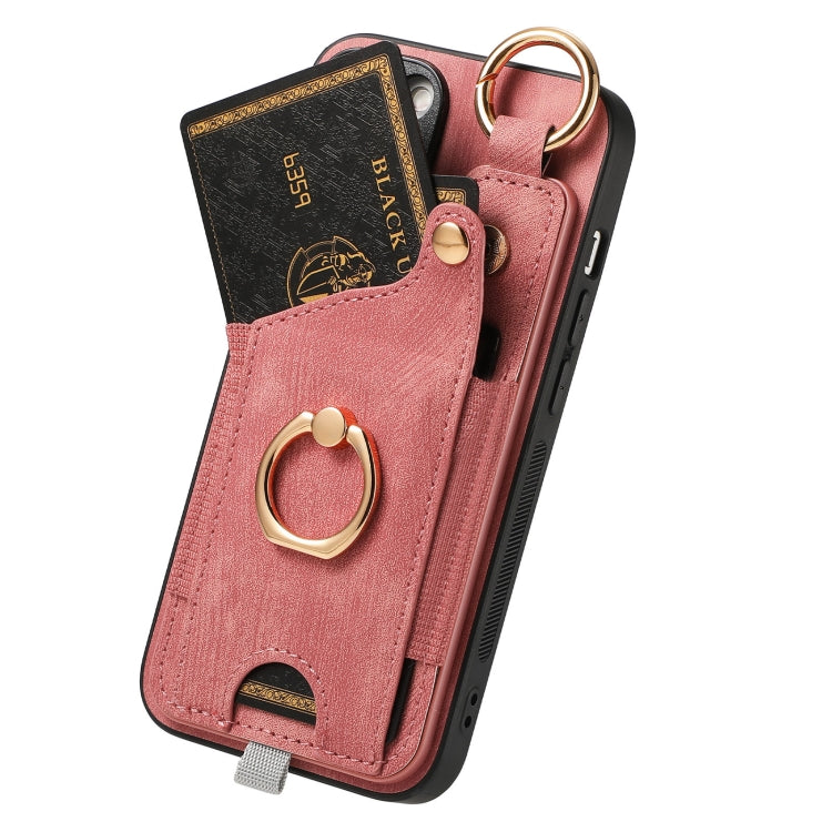 For iPhone 15 Pro Max Retro Skin-feel Ring Card Bag Phone Case with Hang Loop(Pink) - HoMEdemic™ 