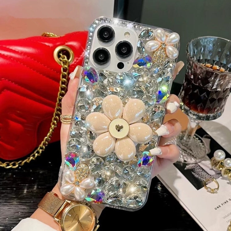 For iPhone 15 Pro Max Sunflower Holder Hand-set Diamond PC Phone Case(White) - HoMEdemic™ 