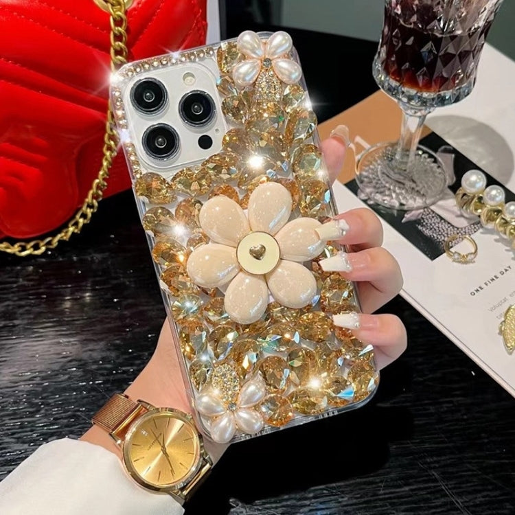 For iPhone 15 Pro Max Sunflower Holder Hand-set Diamond PC Phone Case(Gold) - HoMEdemic™ 