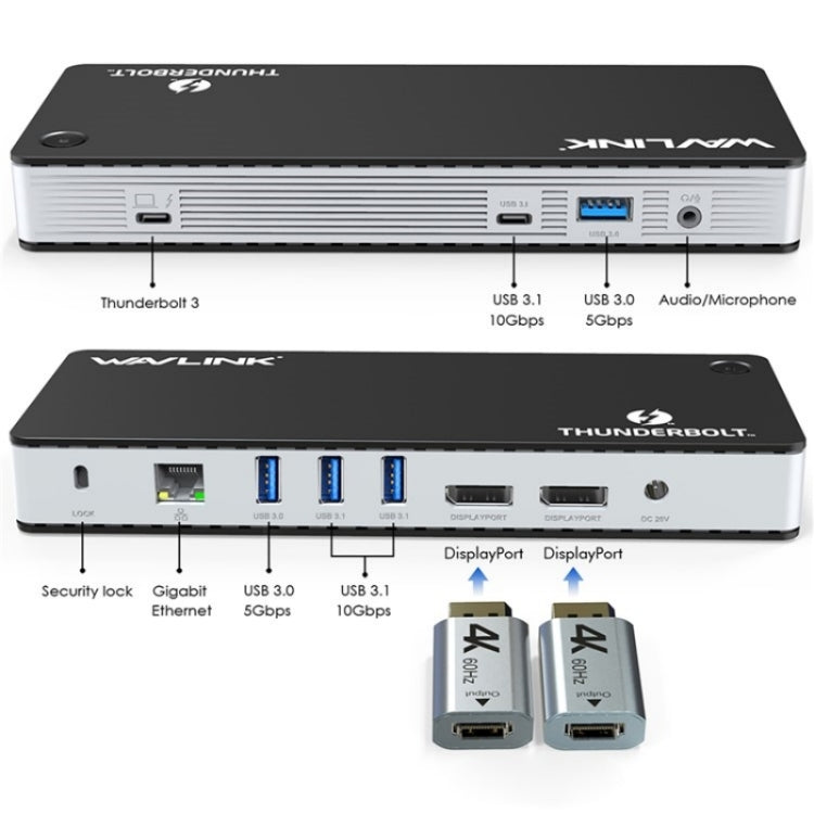 WAVLINK UTD21H 11 in 1 4K Dual DisplayPort Hub Converter Thunderbolt 3 Docking Station, Plug:US Plug - HoMEdemic™ 