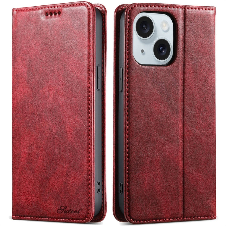 For iPhone 15 Suteni J02 Oil Wax Wallet Leather Phone Case(Red) - HoMEdemic™ 