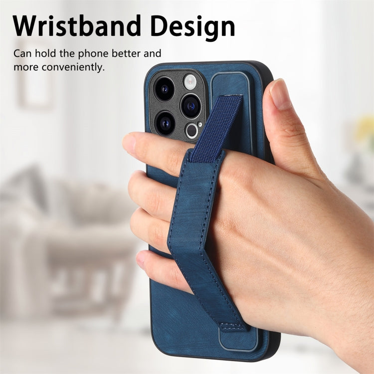 For iPhone 15 Pro Retro Wristband Holder Leather Back Phone Case(Blue) - HoMEdemic™ 