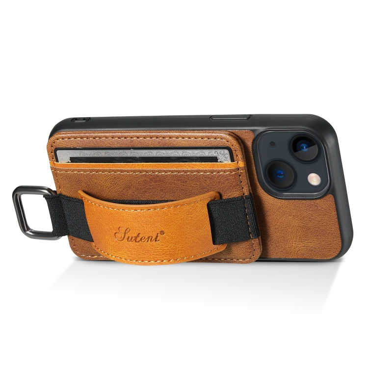 For iPhone 15 Suteni H13 Card Wallet Wrist Strap Holder PU Phone Case(Brown) - HoMEdemic™ 