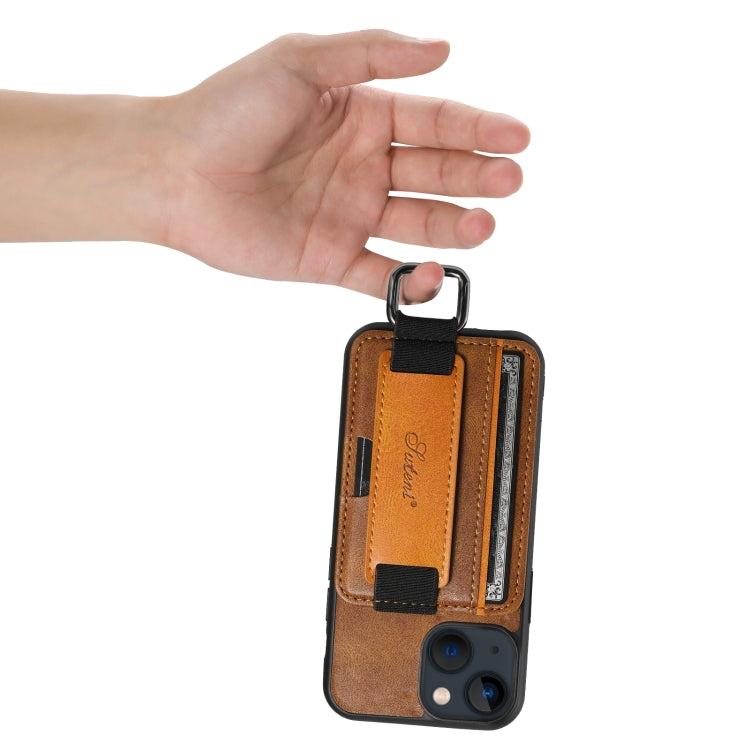 For iPhone 15 Suteni H13 Card Wallet Wrist Strap Holder PU Phone Case(Brown) - HoMEdemic™ 