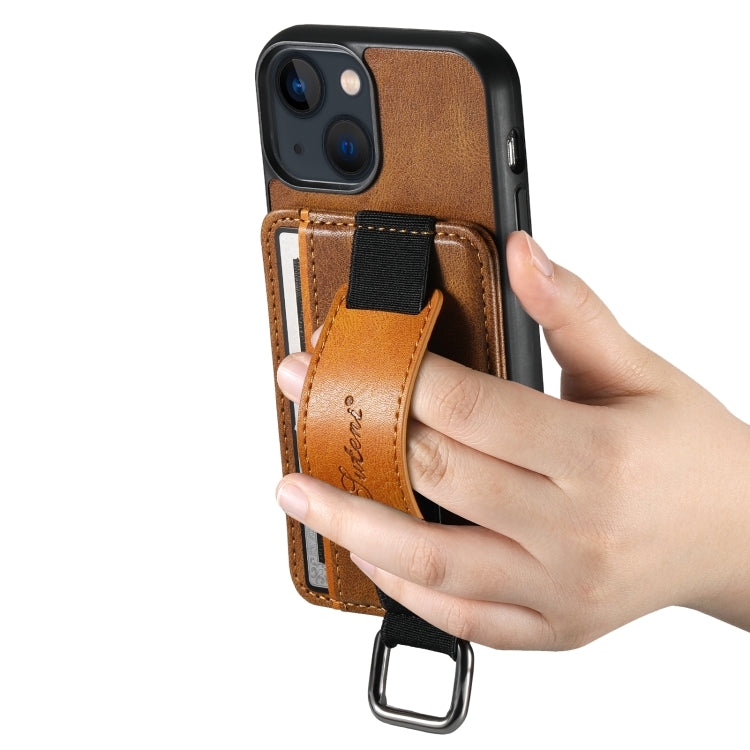 For iPhone 15 Suteni H13 Card Wallet Wrist Strap Holder PU Phone Case(Brown) - HoMEdemic™ 
