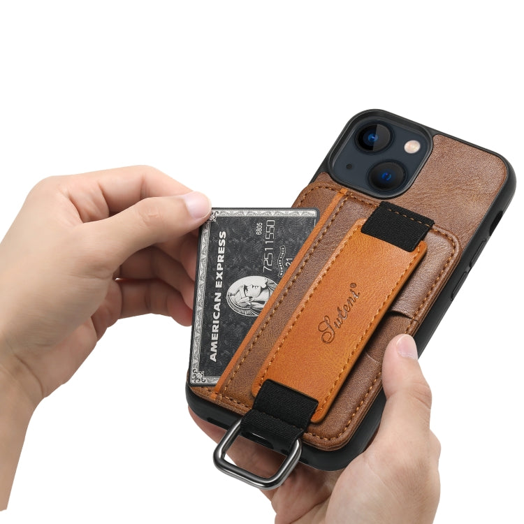 For iPhone 15 Suteni H13 Card Wallet Wrist Strap Holder PU Phone Case(Brown) - HoMEdemic™ 