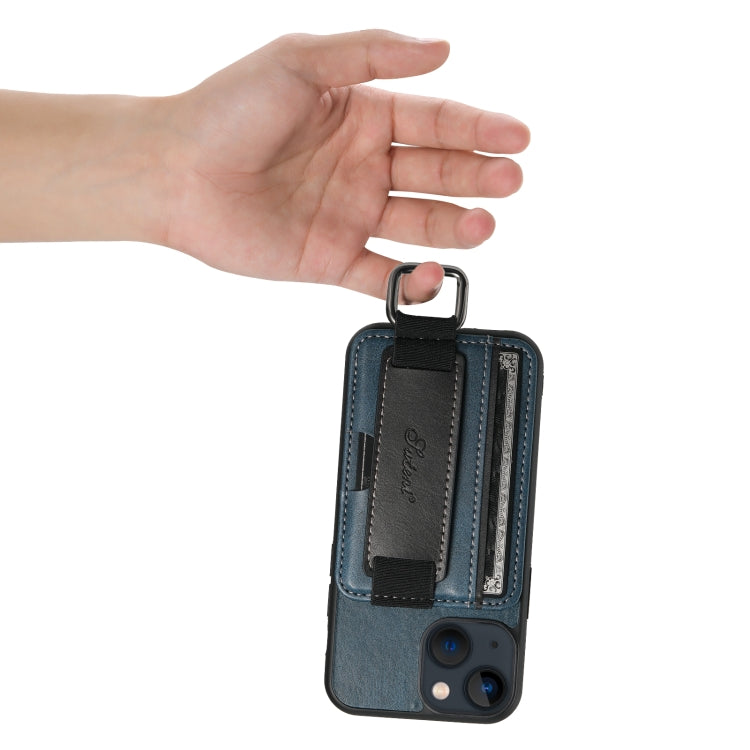 For iPhone 15 Suteni H13 Card Wallet Wrist Strap Holder PU Phone Case(Blue) - HoMEdemic™ 