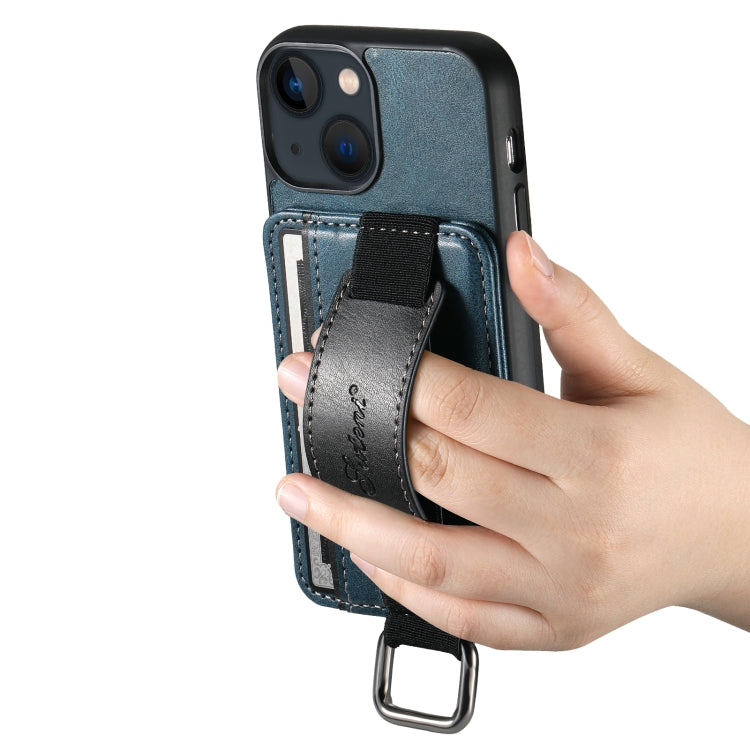 For iPhone 15 Suteni H13 Card Wallet Wrist Strap Holder PU Phone Case(Blue) - HoMEdemic™ 