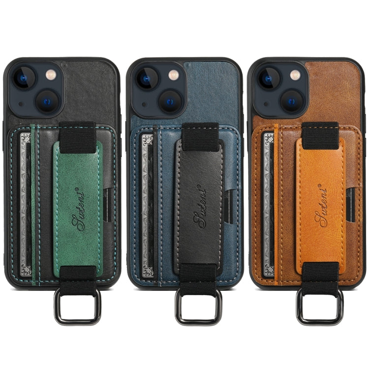 For iPhone 15 Suteni H13 Card Wallet Wrist Strap Holder PU Phone Case(Blue) - HoMEdemic™ 