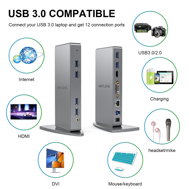 WAVLINK WL-UG39DK7 USB3.0 Hub Adapter Multi-Screen Graphics Card Universal Docking Station, Plug:AU Plug - HoMEdemic™ 