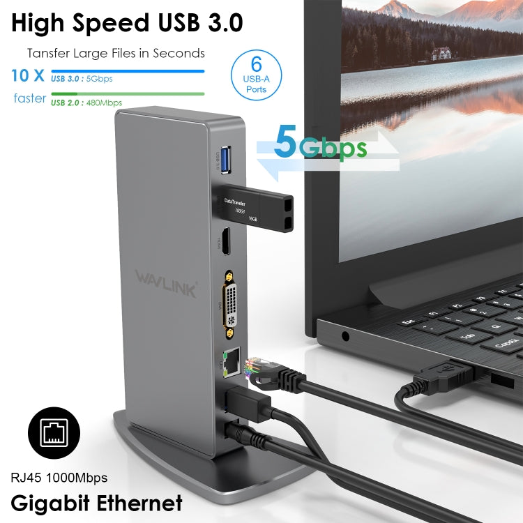 WAVLINK WL-UG39DK7 USB3.0 Hub Adapter Multi-Screen Graphics Card Universal Docking Station, Plug:AU Plug - HoMEdemic™ 