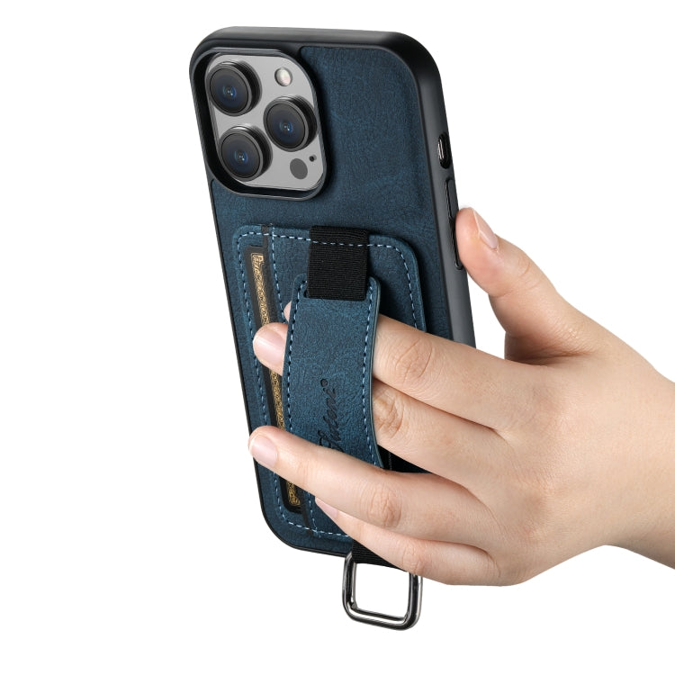 For iPhone 14 Suteni H13 Litchi Leather Wrist Strap Wallet Back Phone Case(Blue) - HoMEdemic™ 