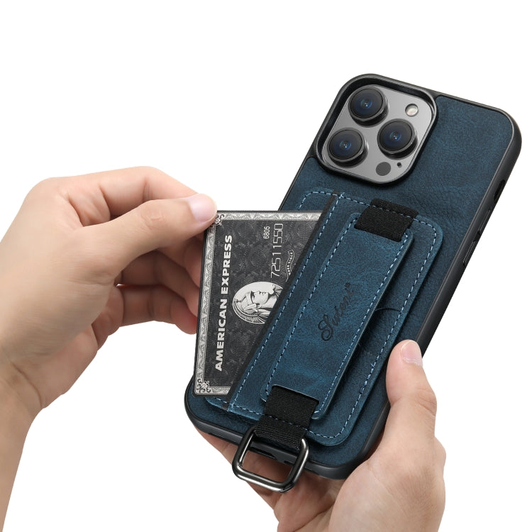 For iPhone 14 Suteni H13 Litchi Leather Wrist Strap Wallet Back Phone Case(Blue) - HoMEdemic™ 
