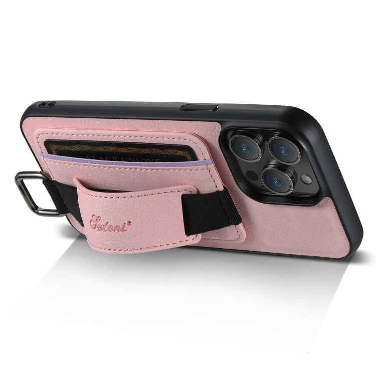 For iPhone 14 Suteni H13 Litchi Leather Wrist Strap Wallet Back Phone Case(Pink) - HoMEdemic™ 