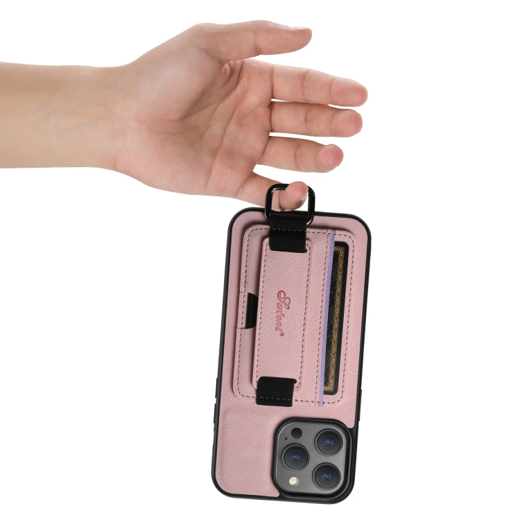 For iPhone 14 Suteni H13 Litchi Leather Wrist Strap Wallet Back Phone Case(Pink) - HoMEdemic™ 