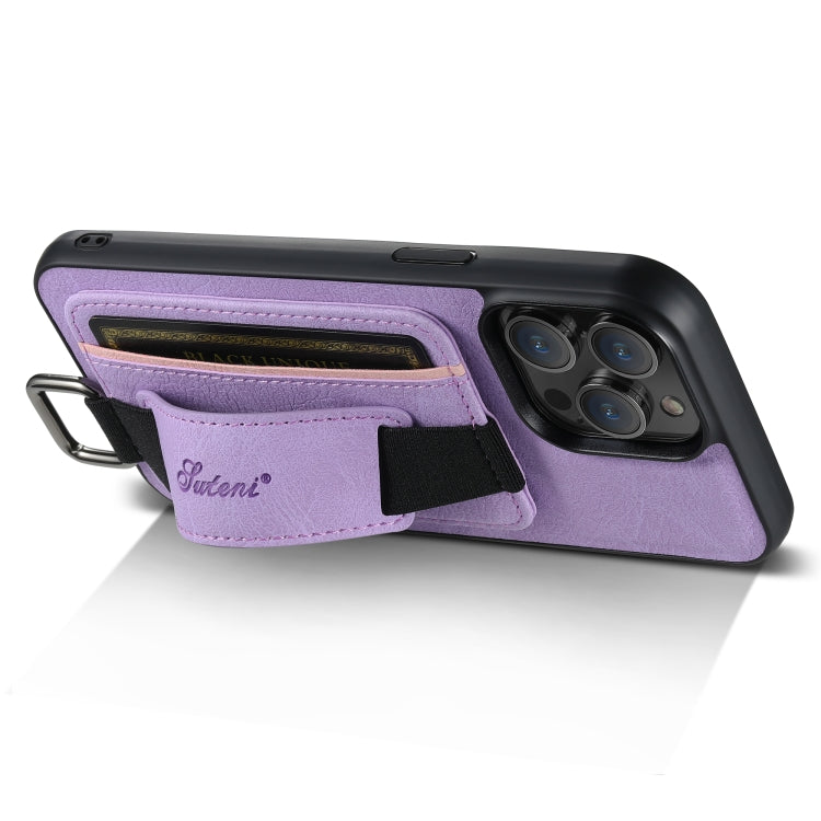 For iPhone 14 Suteni H13 Litchi Leather Wrist Strap Wallet Back Phone Case(Purple) - HoMEdemic™ 