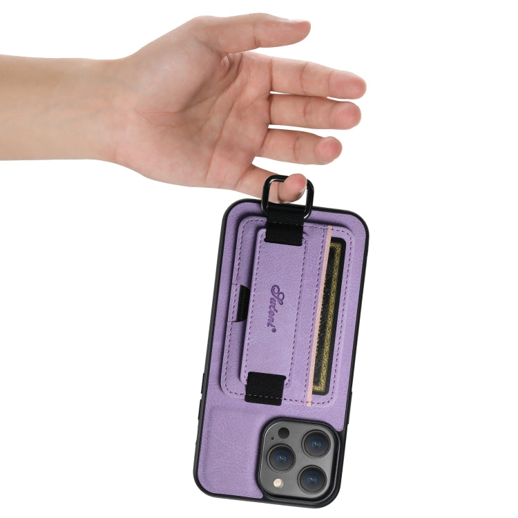 For iPhone 14 Suteni H13 Litchi Leather Wrist Strap Wallet Back Phone Case(Purple) - HoMEdemic™ 