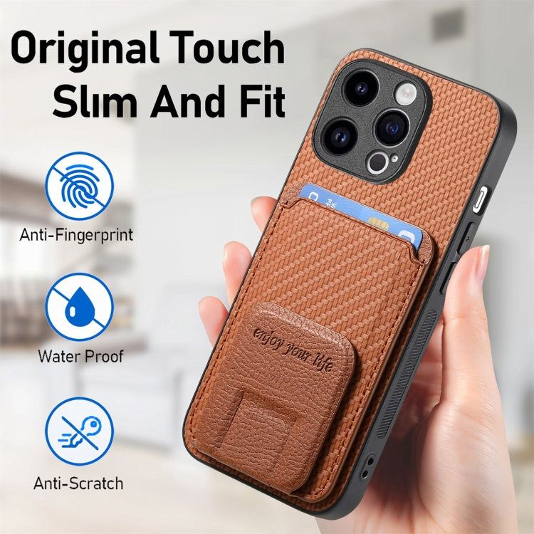 For iPhone 15 Pro Carbon Fiber Card Bag Fold Stand Phone Case(Brown) - HoMEdemic™ 