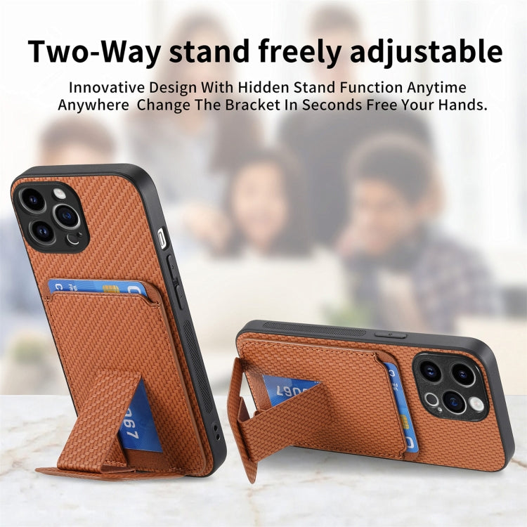 For iPhone 15 Pro Carbon Fiber Card Bag Fold Stand Phone Case(Brown) - HoMEdemic™ 