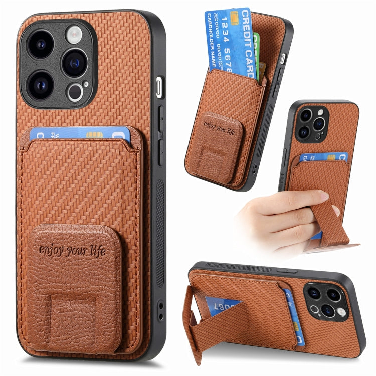 For iPhone 15 Pro Carbon Fiber Card Bag Fold Stand Phone Case(Brown) - HoMEdemic™ 