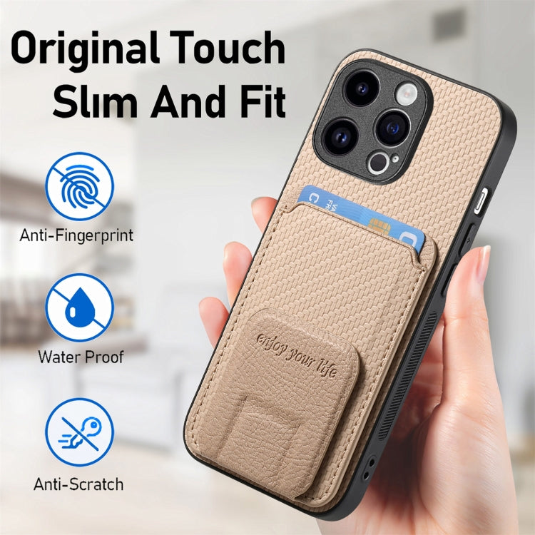 For iPhone 15 Pro Carbon Fiber Card Bag Fold Stand Phone Case(Khaki) - HoMEdemic™ 