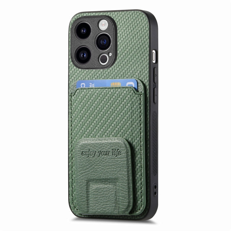 For iPhone 15 Pro Carbon Fiber Card Bag Fold Stand Phone Case(Green) - HoMEdemic™ 