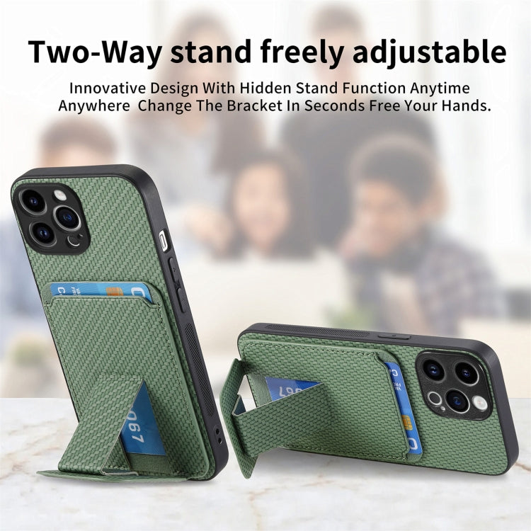 For iPhone 15 Pro Carbon Fiber Card Bag Fold Stand Phone Case(Green) - HoMEdemic™ 