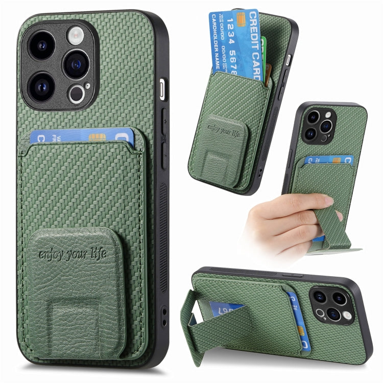 For iPhone 15 Pro Carbon Fiber Card Bag Fold Stand Phone Case(Green) - HoMEdemic™ 