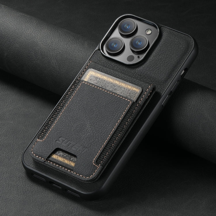 For iPhone 15 Suteni H03 Litchi Leather Card Bag Stand Back Phone Case(Black) - HoMEdemic™ 