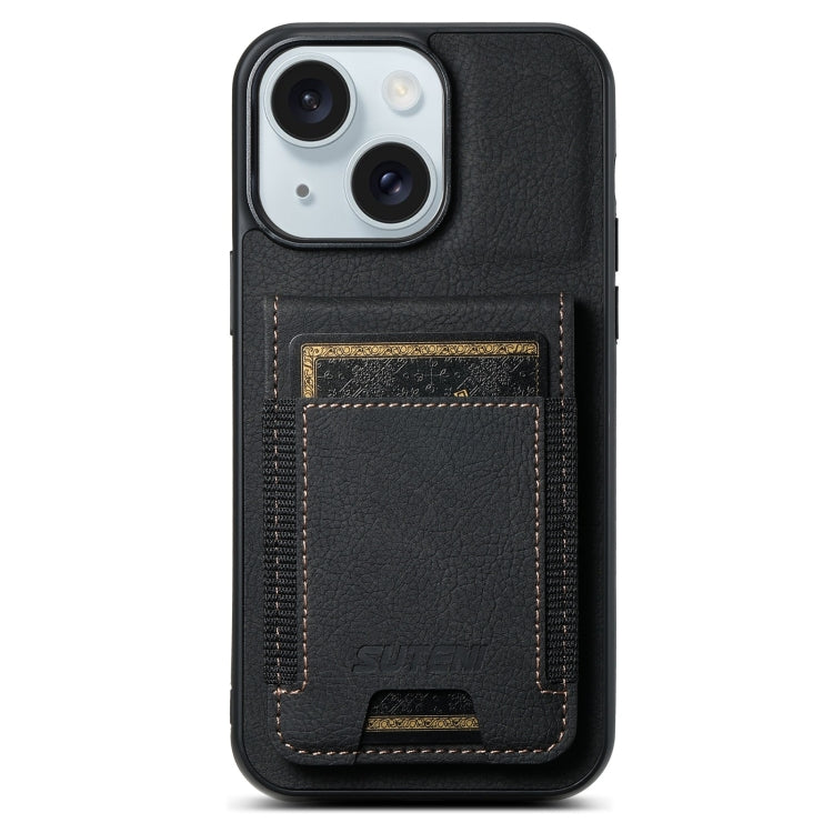 For iPhone 15 Suteni H03 Litchi Leather Card Bag Stand Back Phone Case(Black) - HoMEdemic™ 