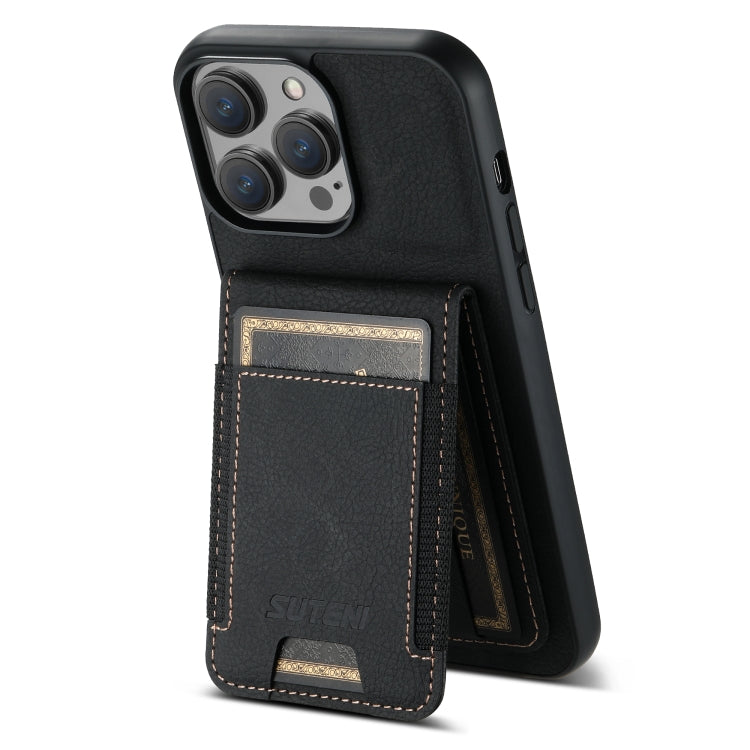 For iPhone 15 Suteni H03 Litchi Leather Card Bag Stand Back Phone Case(Black) - HoMEdemic™ 