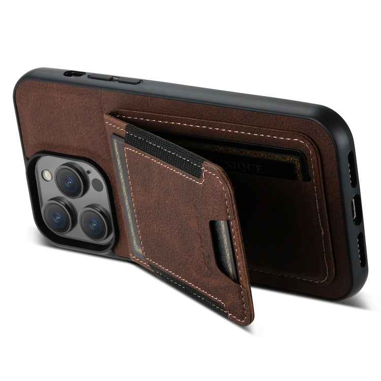For iPhone 15 Suteni H03 Litchi Leather Card Bag Stand Back Phone Case(Brown) - HoMEdemic™ 