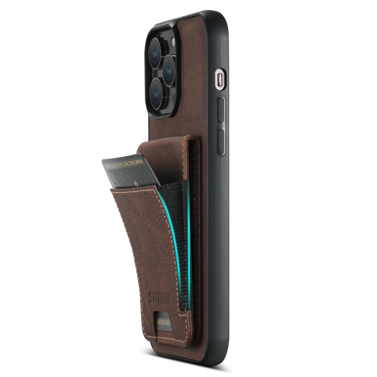 For iPhone 15 Suteni H03 Litchi Leather Card Bag Stand Back Phone Case(Brown) - HoMEdemic™ 